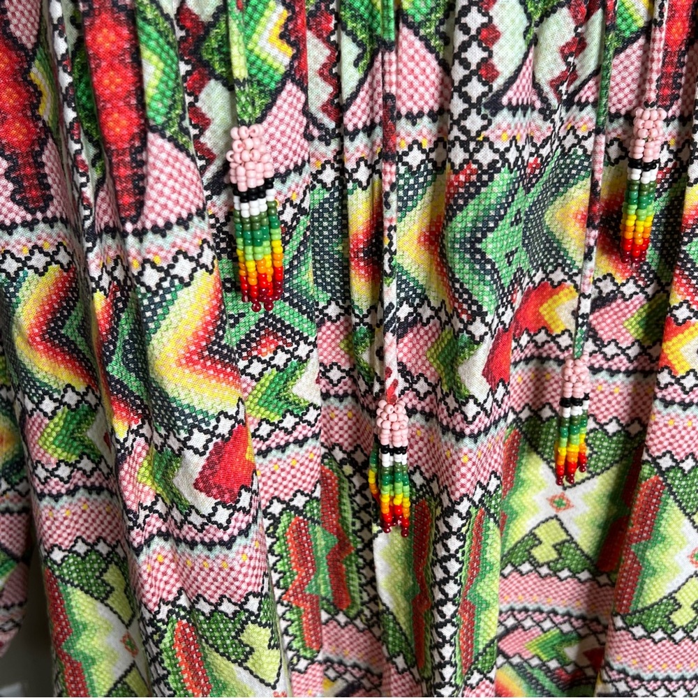 Farm Rio Dress Small S Anthropologie Amulet Midi Tassel Yawanawa Linen - Picture 6 of 12